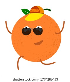 cheerful orange in a baseball cap with the inscription SUMMER runs to the sea. Summer holidays on the ocean. Vector in cartoon style