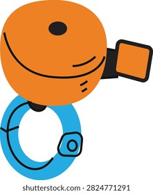 A cheerful orange bicycle bell featuring a simple smiley face, attached to a bright blue mounting ring, ready for a bike ride.