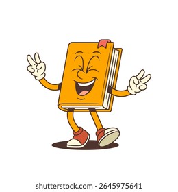 Mascote alegre do livro laranja rindo com olhos apertados e levantando as mãos em gestos alegres de vitória. Personagem educacional divertido. Perfeito para designs criativos. Ilustração vetorial colorida