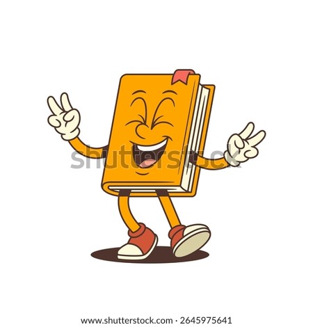 Cheerful orange book mascot laughing with squinting eyes and raising hands in joyful victory gestures. Fun educational character. Perfect for creative designs. Colorful vector illustration