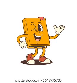 Animação laranja alegre mascote do livro piscando com expressão divertida e mostrando gestos de mão. Personagem divertido e amigável ideal para projetos educacionais e criativos. Ilustração vetorial