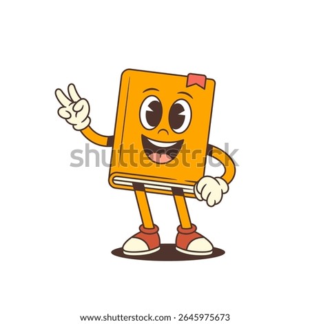 Cheerful orange cartoon book mascot character facing forward with a smiling face and making a confident victory hand gesture full of emotion and energy. Bright and playful design. Vector illustration
