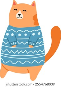 Cheerful orange cat stands while wearing a cozy blue sweater with white patterns, its contented smile adding to the charming winter scene