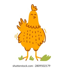 cheerful orange chicken standing on a green grass patch