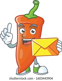 Cheerful orange chili mascot cartoon with envelope