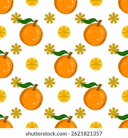 Cheerful Orange Citrus Pattern: Vibrant Repeat Design Featuring Whole Oranges with Leaves and Orange Slices on a Light Yellow Geometric Background, Perfect for Kitchen Textiles and Sunny Designs