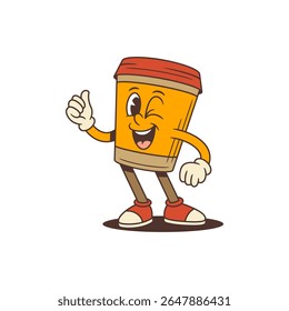 Mascote alegre da xícara de café laranja com tampa vermelha piscando e mostrando polegares para cima gesto. Excelente para marcas de cafeteria, promoções takeaway, mídia digital e marketing de café. Ilustração vetorial