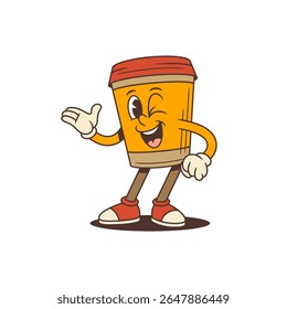 Mascote alegre da xícara de café laranja com tampa vermelha piscando e mostrando um gesto de mão convidativo. Perfeito para aberturas de cafeteria, promoções de take away e conteúdo de mídia social. Ilustração vetorial