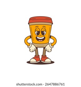 Cheerful orange coffee cup mascot character wearing red sneakers and gloves standing confidently with hands on hips and big smile, isolated on white background, vector illustration