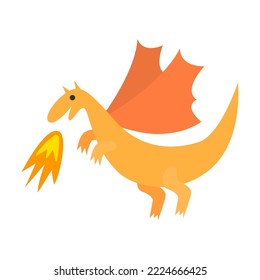Cheerful orange dragon breathes fire. Fairytale mythical animals. Flat cartoon illustration isolated on white background