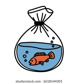 A cheerful orange fish secured in a plastic bag illustration	