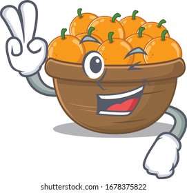 Cheerful orange fruit basket mascot design with two fingers