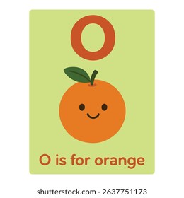 A cheerful orange illustrates the letter O, creating a vibrant and engaging alphabet chart for kids.