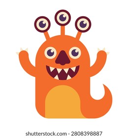 A cheerful orange monster with three eyes, sharp teeth, and a playful demeanor, perfect for kids' content, educational materials, or fun designs