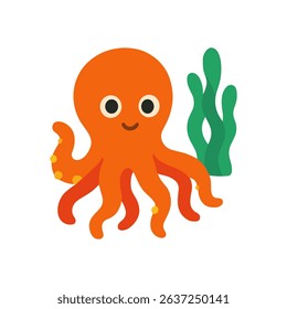 Cheerful orange octopus with kelp plant illustration design element