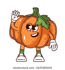 Cheerful orange pumpkin with big eyes, leaf on top and arms waving. Fun farm mascot with sneakers and gloves in groovy cartoon doodle style for kids design or harvest projects. Vector illustration.