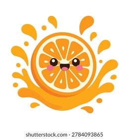 Cheerful orange slice character with happy face surrounded by fresh juice splashes vibrant fruit mascot for summer.