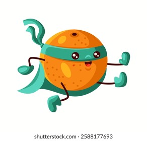 Cheerful orange superhero with a green mask, gloves, and cape. Playful and dynamic fruit character, ideal for kids' content, healthy food themes, and vibrant illustrations.