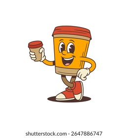 Cheerful orange takeaway coffee cup mascot with red lid holding small coffee cup and smiling. Suitable for cafe promotions, packaging, branding, or advertising materials. Vector illustration