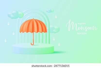 A cheerful orange umbrella takes center stage amidst light rain and fluffy clouds, wishing everyone a "Happy Monsoon Season." Perfect for seasonal greetings and weather-themed promotions.