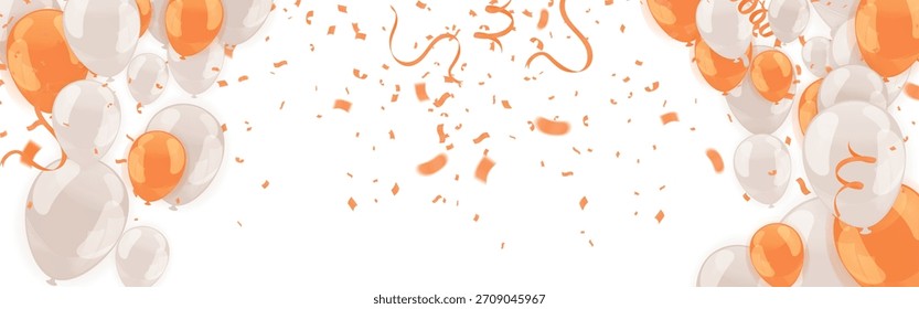 cheerful orange and white balloon background Confetti and streamers create a festive border Ideal for Happy Birthday 2026 or New Year party invitations Clean center space for text.