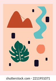 Composición orgánica alegre inspirada en Río de Janeiro. Pan de Azúcar y Monstera sobre fondo suave. Vector. Ilustración.