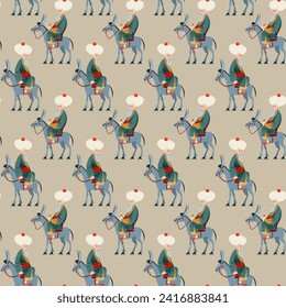Cheerful oriental man dressed in a robe and turban rides a donkey. Seamless background pattern. Vector illustration 

