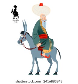 Cheerful oriental man dressed in a robe and turban rides a donkey backwards. Nasreddin Hodja. Vector illustration  

