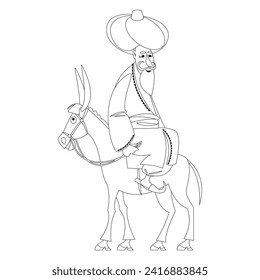Cheerful oriental man dressed in a robe and turban rides a donkey backwards. Nasreddin Hodja. Coloring page. Vector illustration  

