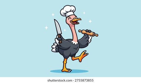 A cheerful ostrich wearing a chef's hat, holding a knife in one wing and a rolling pin in the other, ready to cook.