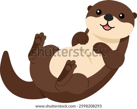 A cheerful otter floats on its back, smiling with paws raised, surrounded by a simple and clean background, conveying a lighthearted and joyful mood.