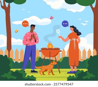 A cheerful outdoor barbecue scene showing two friends cooking on a grill with a dog nearby. Bright, flat vector art style, sunny backyard setting. Family fun concept. Vector illustration.