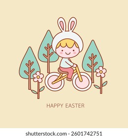 A cheerful outline of child in bunny costume riding bicycle through nursery filled with trees and flowers, celebrating Easter