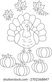 A cheerful outline drawing for coloring featuring a turkey, pumpkins, and autumn leaves, perfect for kids' holiday activities and crafts.