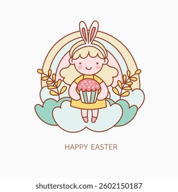 A cheerful outline of girl in nursery setting holding cupcake under rainbow, perfect for Easter celebrations