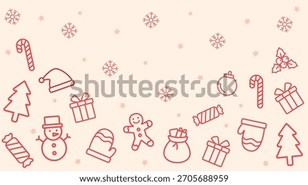 Cheerful outlined pattern with snowman, gifts, trees, gingerbread man, snowflakes, and other cute ornaments on soft yellow background. Great for cute holiday prints and Christmas greeting designs.