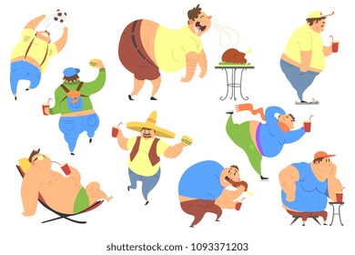 Cheerful overweight man in different situations set, funny fat man eating fast food, going in for sports, travelling vector Illustrations on a white background