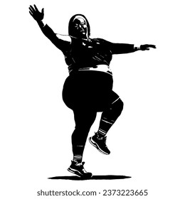Cheerful overweight woman exercising isolated on white background