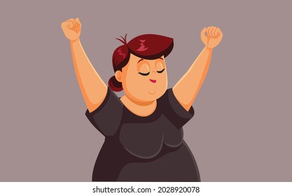 Cheerful Overweight Woman Raising Arms Vector Cartoon. Happy adult lady being body positive having positive vibes only
