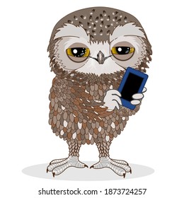 cheerful owl holding a smartphone, mobile phone or a small tablet, facial expression vector illustration, hand drawn emoticon, funny cartoon character