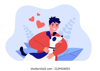 Cheerful owner embracing cute happy dog. Male cartoon character with domestic animal flat vector illustration. Pets, love, friendship, animal care concept for banner, website design or landing page