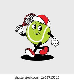 Cheerful Paddle Tennis Ball character holding a Red Tennis racket and wearing tennis hat. Paddle Tennis Ball Retro vintage mascot character with gloved hand and foot, rubber hose cartoon style.