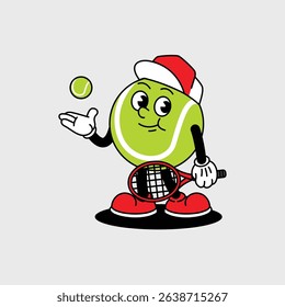 Cheerful Paddle Tennis Ball character holding a Red Tennis racket and wearing tennis hat. Paddle Tennis Ball Retro vintage mascot character with gloved hand and foot, rubber hose cartoon style.