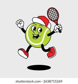 Cheerful Paddle Tennis Ball character holding a Red Tennis racket and wearing tennis hat. Paddle Tennis Ball Retro vintage mascot character with gloved hand and foot, rubber hose cartoon style.