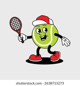 Cheerful Paddle Tennis Ball character holding a Red Tennis racket and wearing tennis hat. Paddle Tennis Ball Retro vintage mascot character with gloved hand and foot, rubber hose cartoon style.