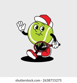 Cheerful Paddle Tennis Ball character holding a Red Tennis racket and wearing tennis hat. Paddle Tennis Ball Retro vintage mascot character with gloved hand and foot, rubber hose cartoon style.