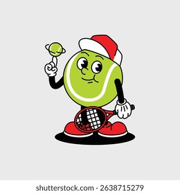 Cheerful Paddle Tennis Ball character holding a Red Tennis racket and wearing tennis hat. Paddle Tennis Ball Retro vintage mascot character with gloved hand and foot, rubber hose cartoon style.