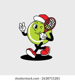 Cheerful Paddle Tennis Ball character holding a Red Tennis racket and wearing tennis hat. Paddle Tennis Ball Retro vintage mascot character with gloved hand and foot, rubber hose cartoon style.