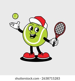 Cheerful Paddle Tennis Ball character holding a Red Tennis racket and wearing tennis hat. Paddle Tennis Ball Retro vintage mascot character with gloved hand and foot, rubber hose cartoon style.