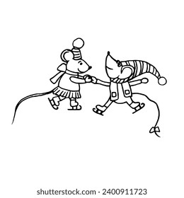 Cheerful pair of mice is skating on the ice. Vector illustration with cartoon animals for postcards, coloring books, books.